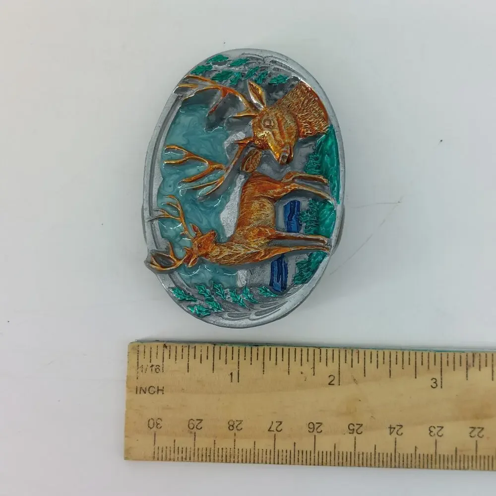 Vtg Hunting Dress Belt Buckle Buck Deer Stag Hunter Mountain